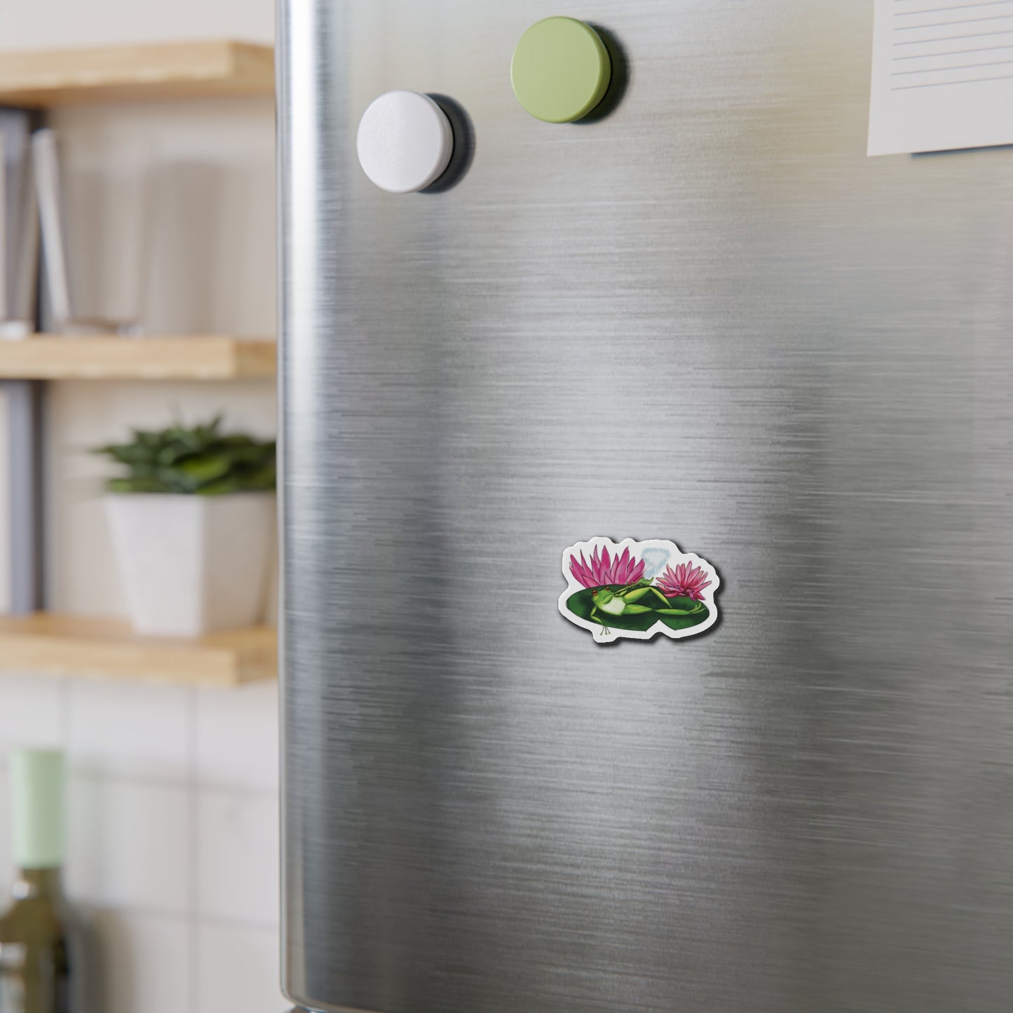 Frog Smoking Pipe Relaxing on Lily Pad Magnet Fridge
