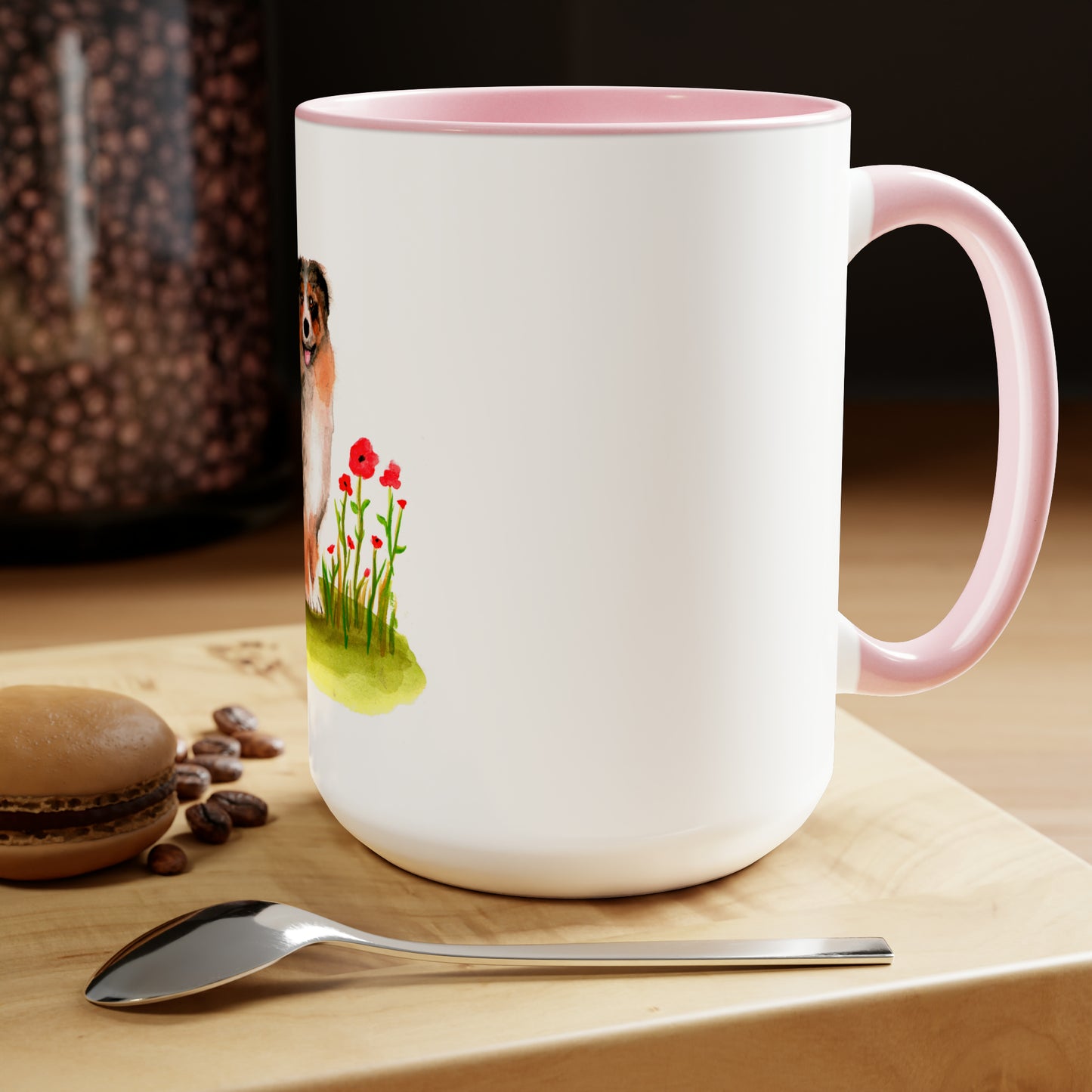 Cute Australian Shepherd in Peonies Mug, Australian Shepherd dog mom, cute pet mom idea, dog lover mom cute gift idea