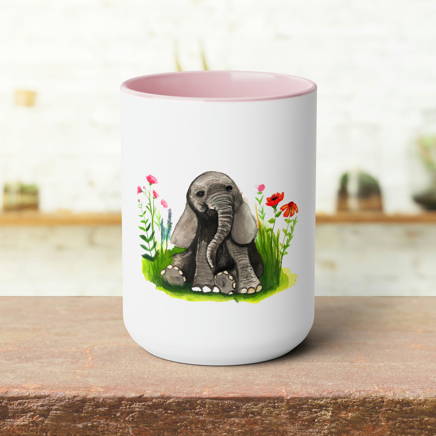 Cute Baby elephant mug, two toned cute baby elephant mug, Cute 15 oz accent handle mug, Large 15 oz Mug