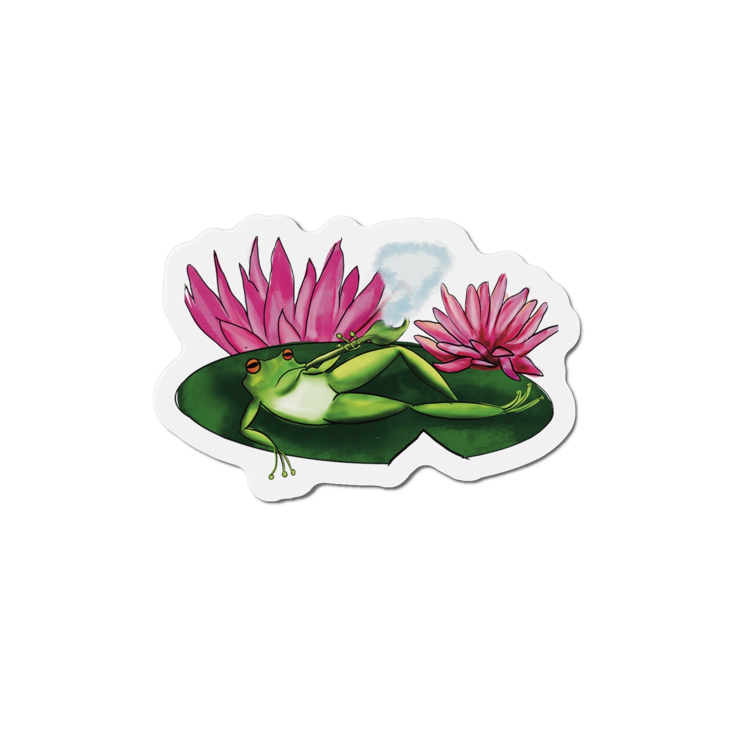 Frog Smoking Pipe Relaxing on Lily Pad Magnet Fridge