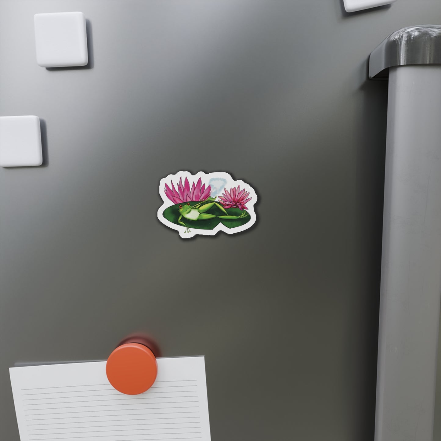 Frog Smoking Pipe Relaxing on Lily Pad Magnet Fridge