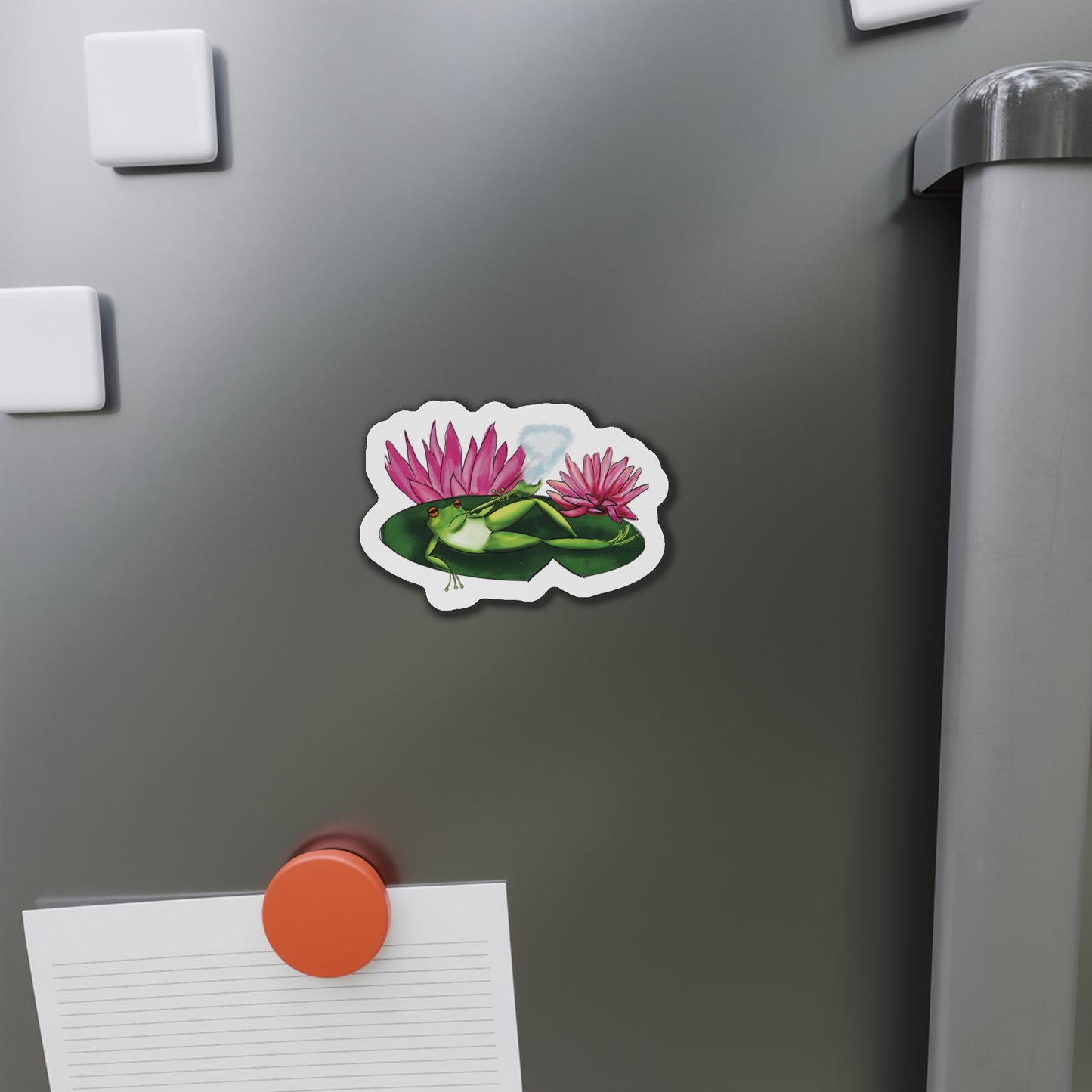 Frog Smoking Pipe Relaxing on Lily Pad Magnet Fridge