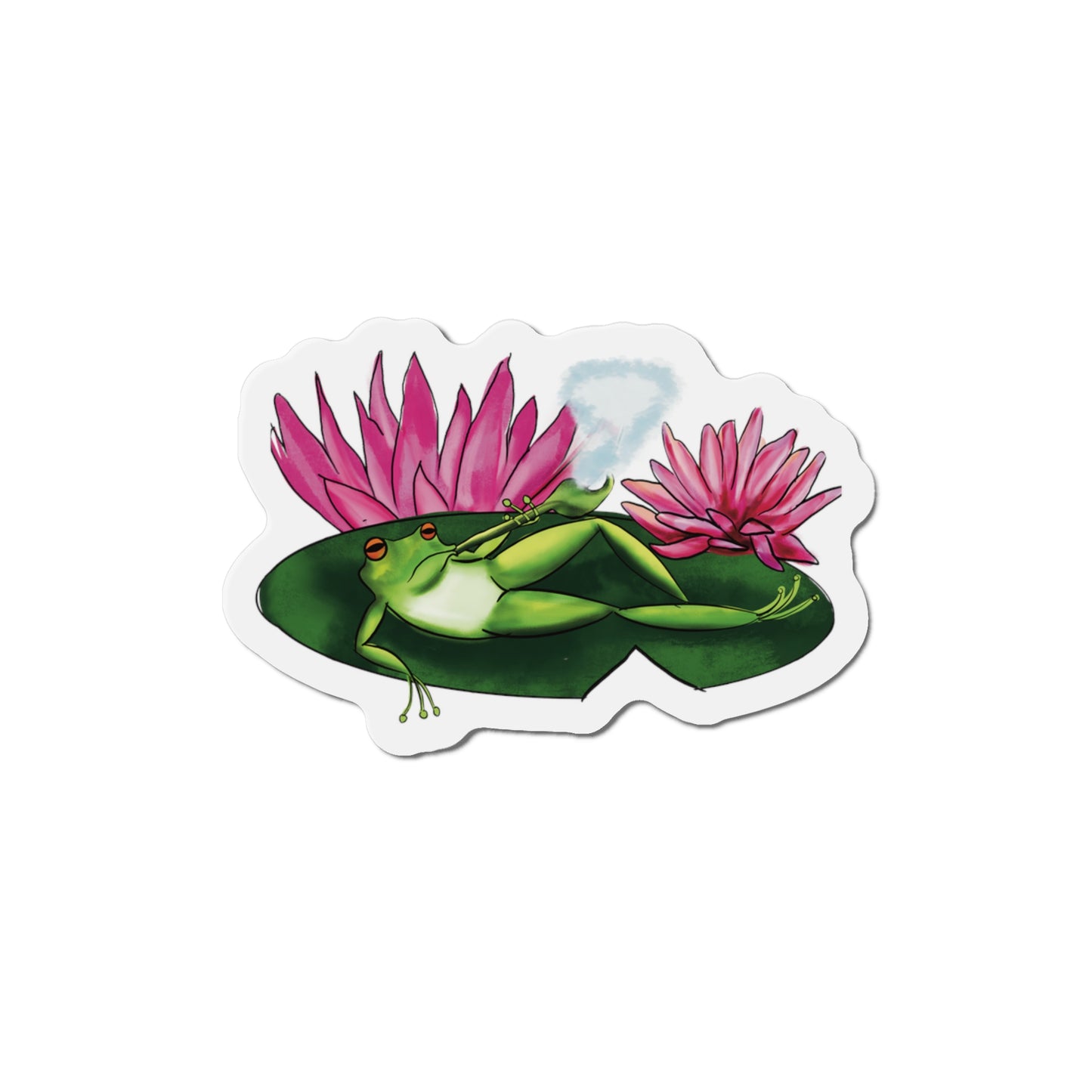 Frog Smoking Pipe Relaxing on Lily Pad Magnet Fridge