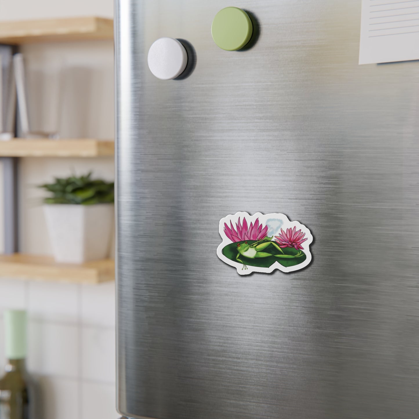Frog Smoking Pipe Relaxing on Lily Pad Magnet Fridge