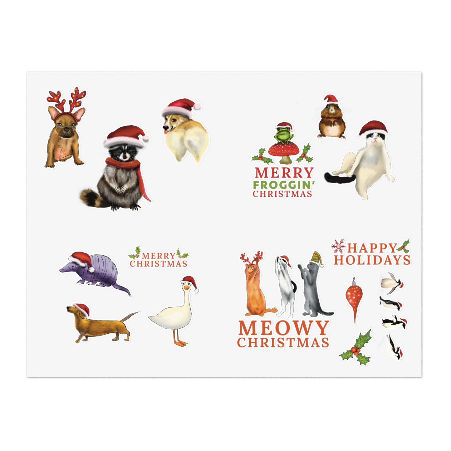 Christmas Animal Sticker Sheet, Christmas dog cute stickers, christmas cat sticker, cute holiday stickers, sticker sheet christmas