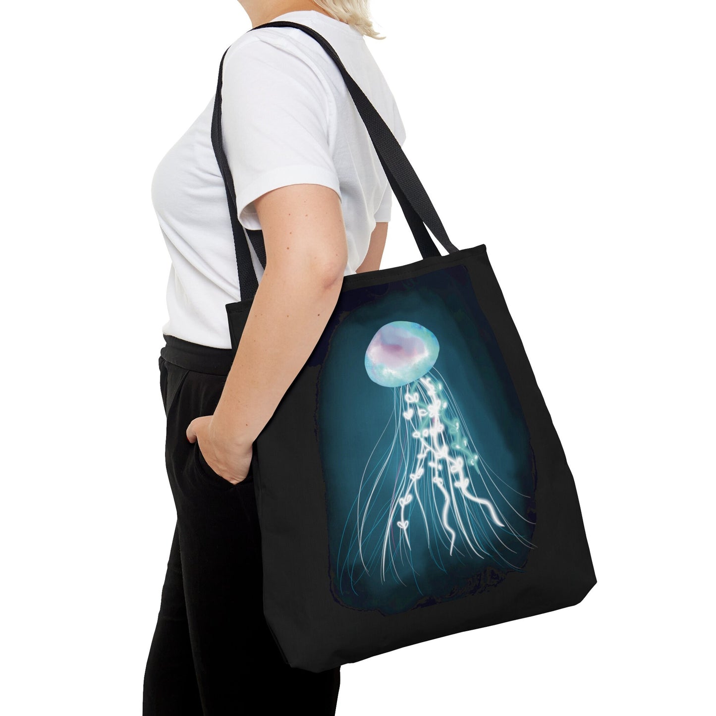 Bioluminescent Jellyfish Tote Bag, Pretty Glowing Jellyfish Reusable tote bag, Cool Glowing Fantasy Underwater Cosmic Jellyfish Bag