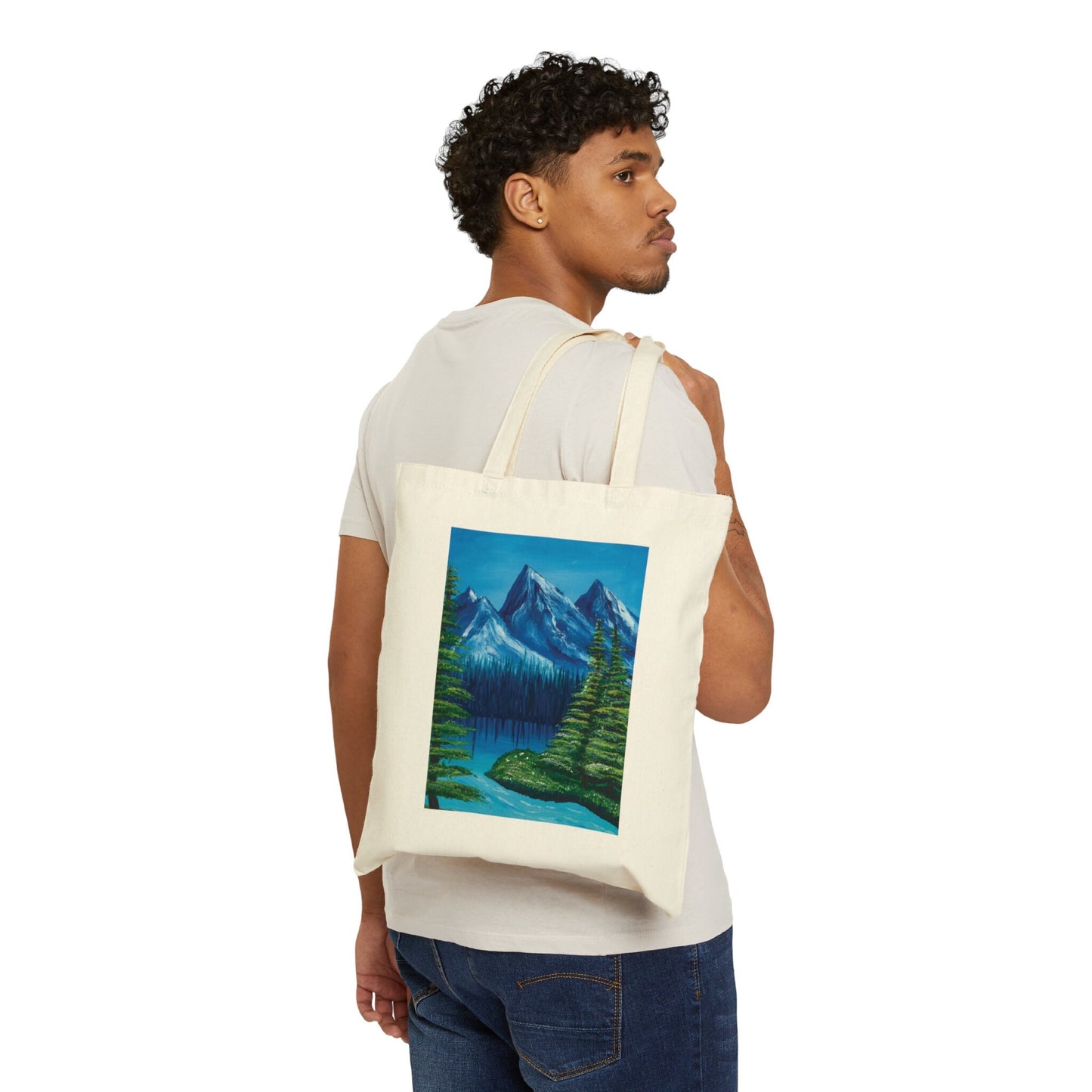 Cotton Canvas Tote Bag, Nature Oil painting, pretty blue landscape painting, mountain lake blue green painting, pretty cotton tote bag