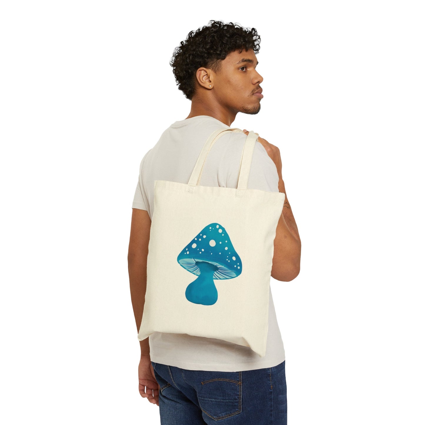 Cute Blue Mushroom Cotton Canvas Tote Bag, blue mushroom art tote bag, reusable tote bag, cute mushroom aesthetic tote
