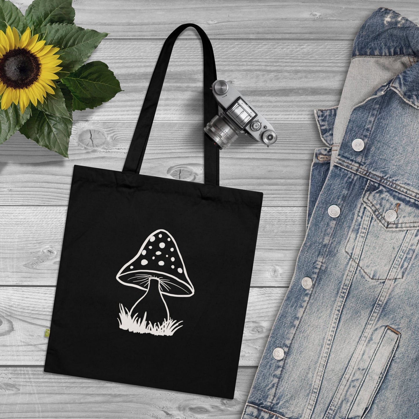 Black Mushroom Organic Cotton Tote Bag, cute Mushroom White and black line art, mushroom lover gift, cute outline bag, organic tote bag