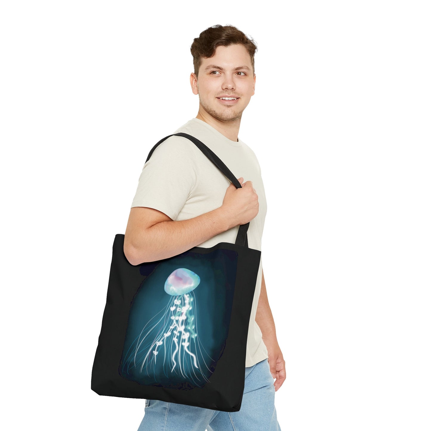 Bioluminescent Jellyfish Tote Bag, Pretty Glowing Jellyfish Reusable tote bag, Cool Glowing Fantasy Underwater Cosmic Jellyfish Bag