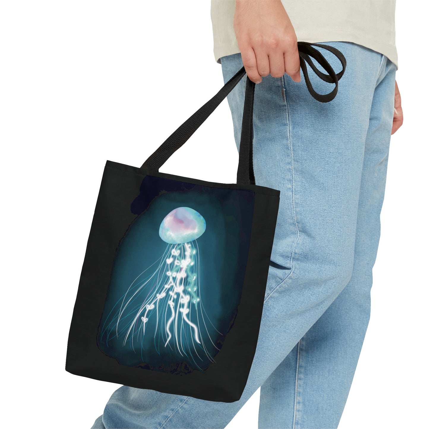 Bioluminescent Jellyfish Tote Bag, Pretty Glowing Jellyfish Reusable tote bag, Cool Glowing Fantasy Underwater Cosmic Jellyfish Bag
