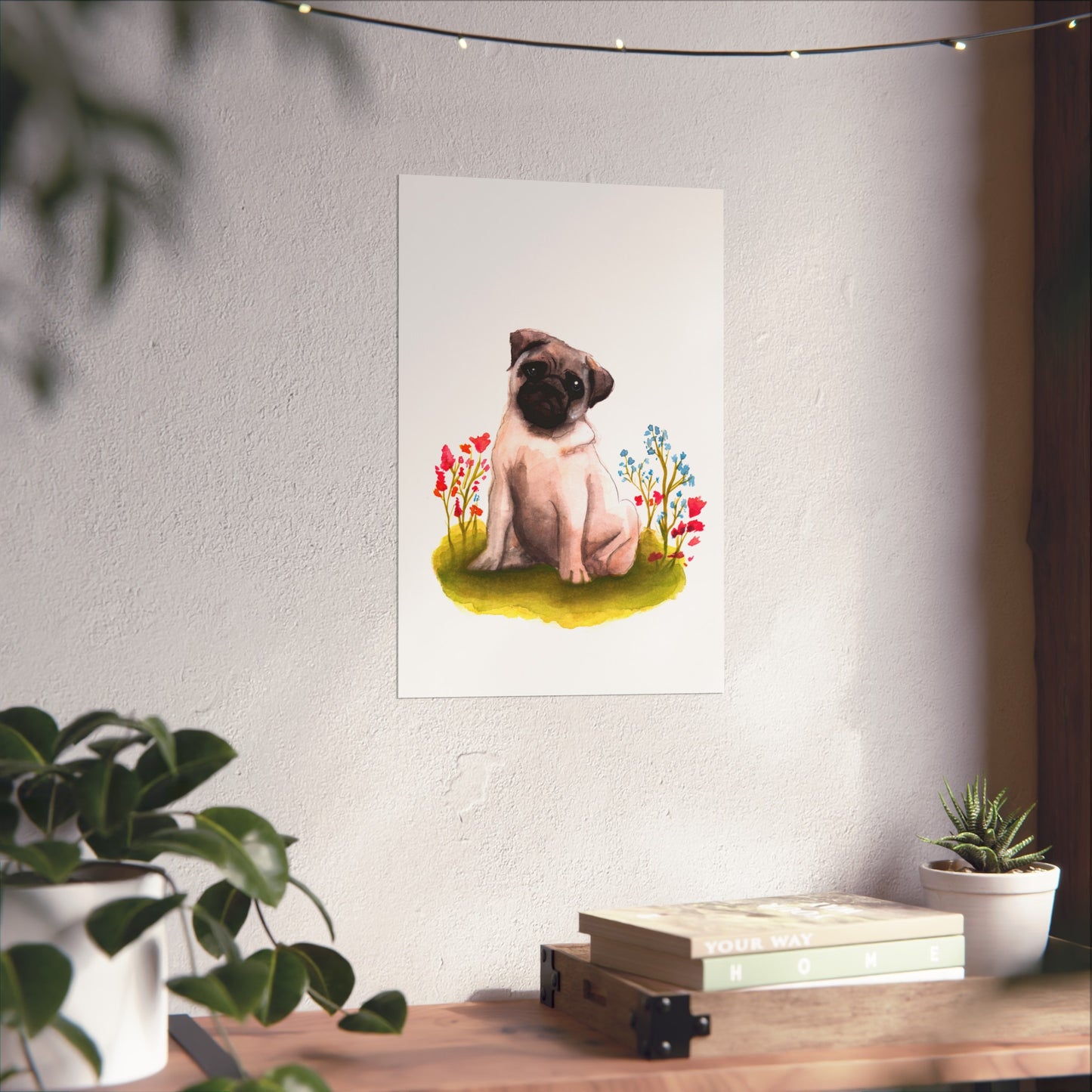 Cute Watercolor Pug Fine Art Poster, Pug Lover Watercolor, Pug gift, Dog mom art poster, cute art print, Pug in flowers art print