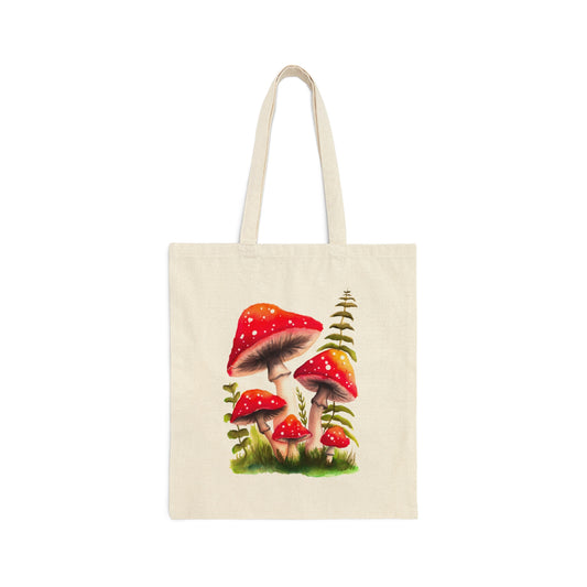 Pretty Watercolor mushrooms on cotton canvas tote, trendy mushrooms, magic mushrooms, watercolor painting shrooms tote