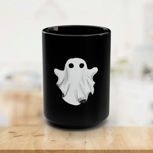 Halloween Ghost Black Mug, Cute Halloween Mug, Halloween Decor Cute Ghost Black 15oz mug