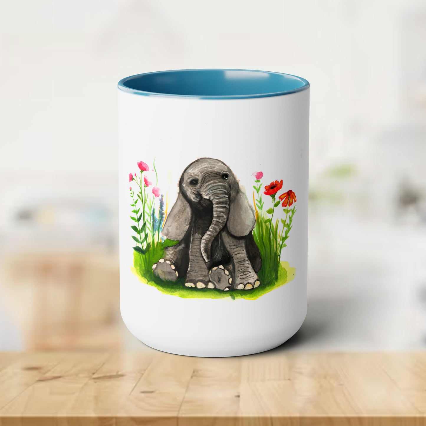 watercolor Baby elephant in flowers mug, Cute baby animal mugs, gift idea for elephant lover