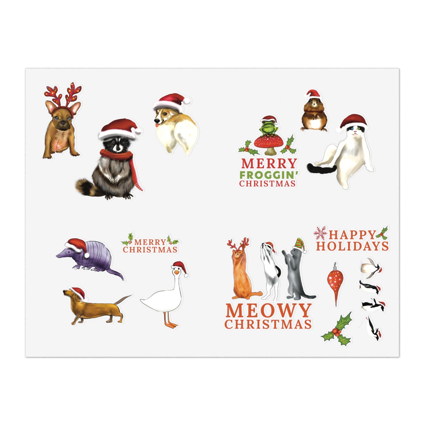 Christmas Animal Sticker Sheet, Christmas dog cute stickers, christmas cat sticker, cute holiday stickers, sticker sheet christmas