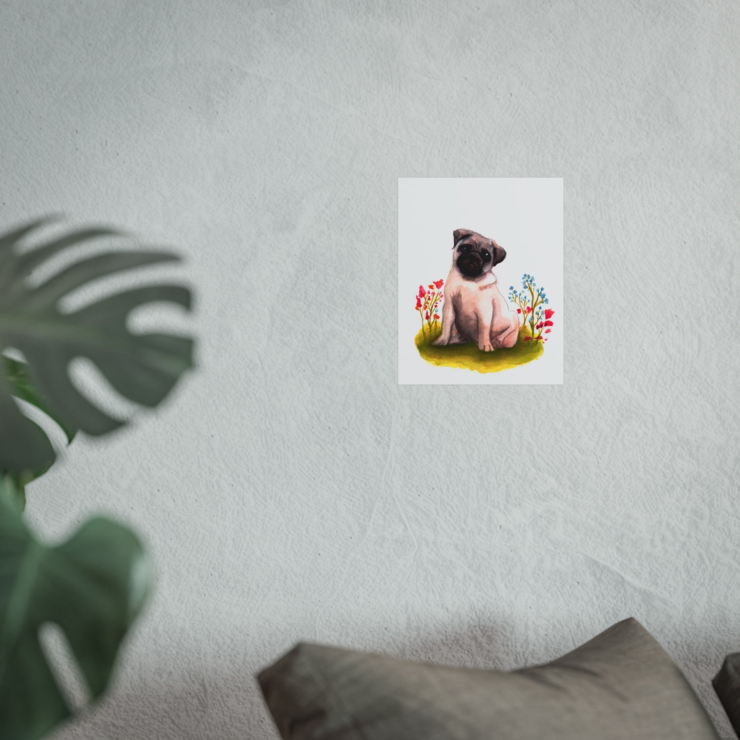 Cute Watercolor Pug Fine Art Poster, Pug Lover Watercolor, Pug gift, Dog mom art poster, cute art print, Pug in flowers art print