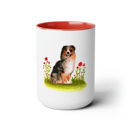 Cute Australian Shepherd in Peonies Mug, Australian Shepherd dog mom, cute pet mom idea, dog lover mom cute gift idea