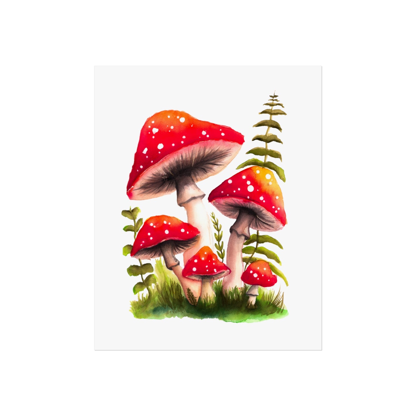 Pretty red watercolor mushroom art print, colorful mushroom art poster, pretty red mushrooms and grass poster, watercolor magic mushrooms