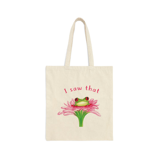 Cute funny Watercolor Frog I Saw that, Cute watercolor Frog on flower, Cute cotton canvas tote bag, back to school tote