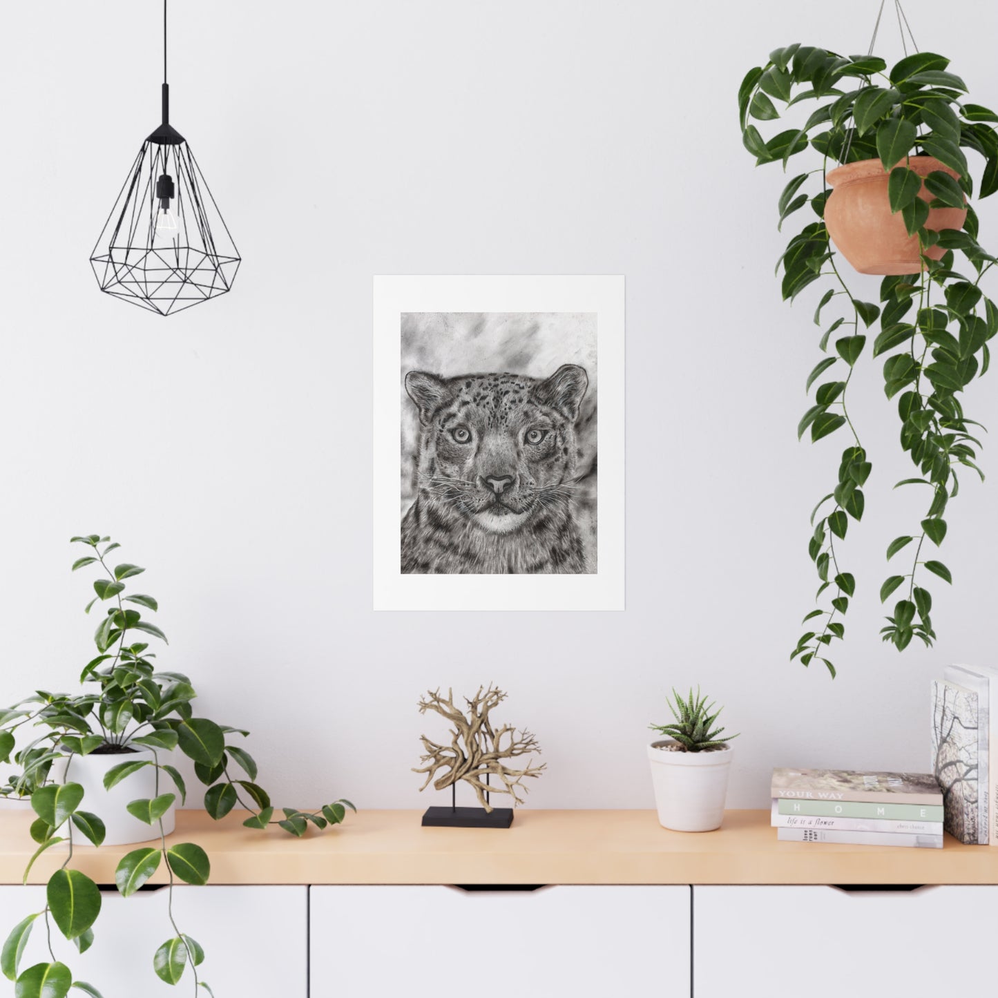 Snow Leopard Graphite and Charcoal Drawing Poster