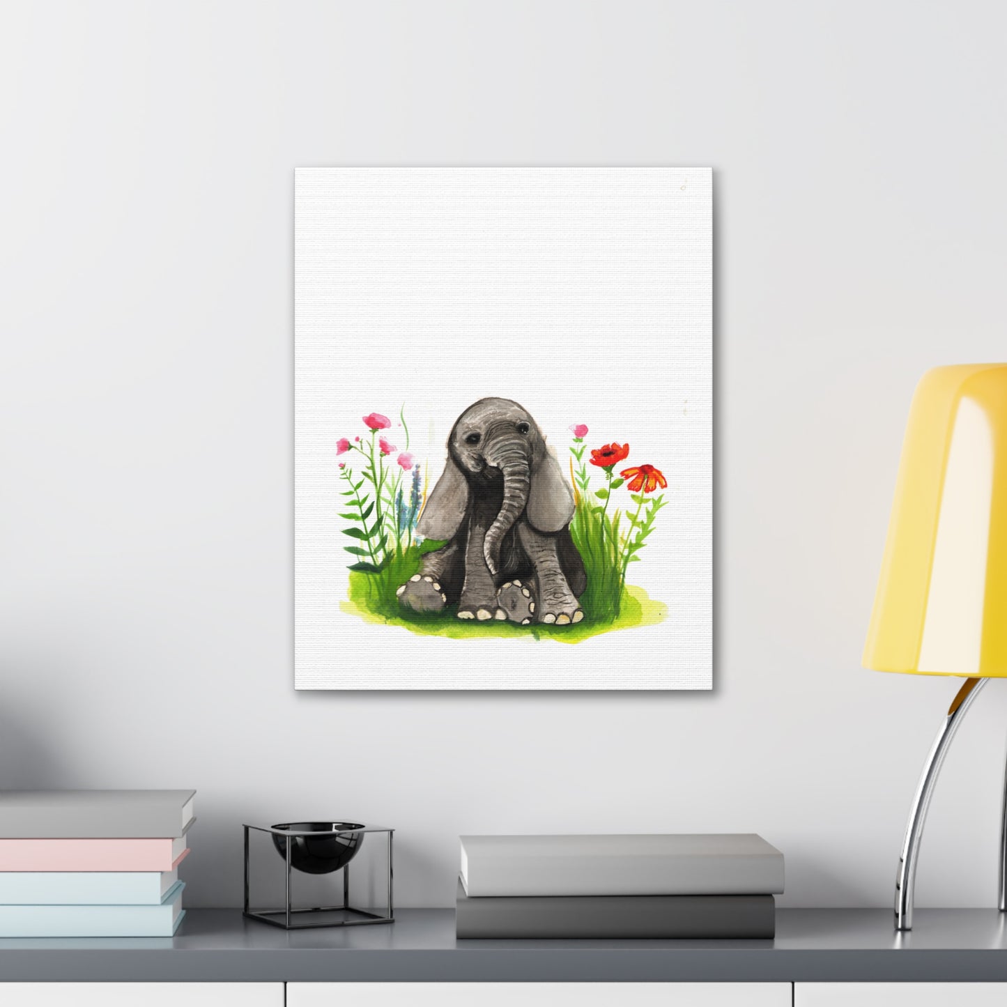 Cute Watercolor Baby Elephant in Flowers, Nursery Wall art, safari animal prints, cute baby animals, kids wall art, animal lover