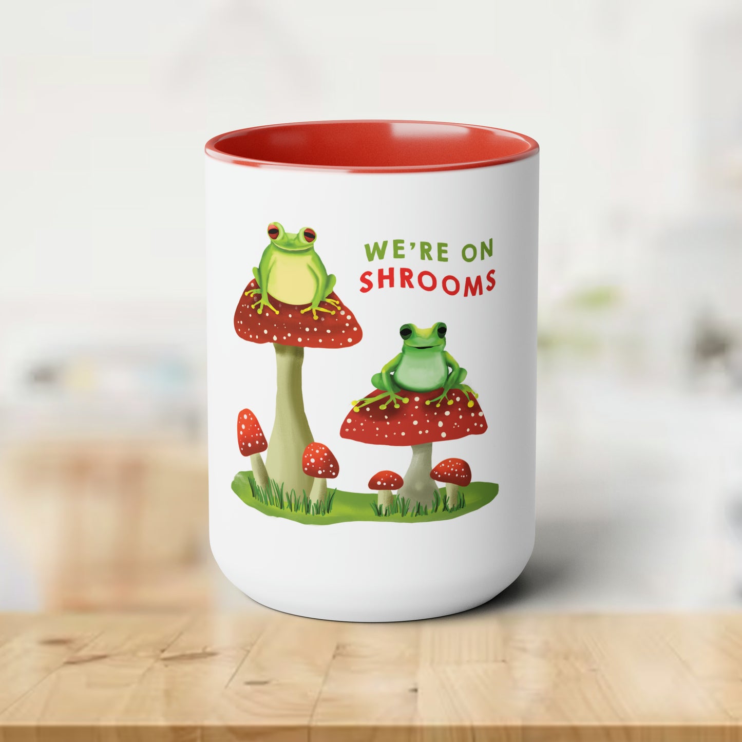 Cute Frogs on Mushrooms Mug, Funny Mug, Cute Frogs on Shrooms, We're On shrooms mug, Toadstool Aesthetic Two-Tone Coffee Mugs, 15oz