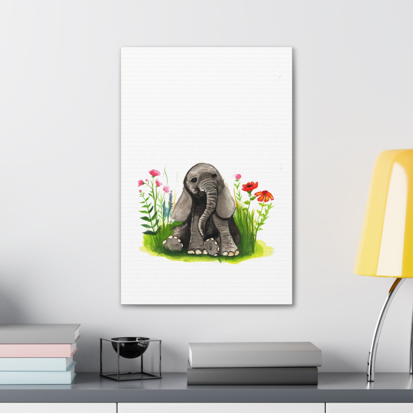 Cute Watercolor Baby Elephant in Flowers, Nursery Wall art, safari animal prints, cute baby animals, kids wall art, animal lover