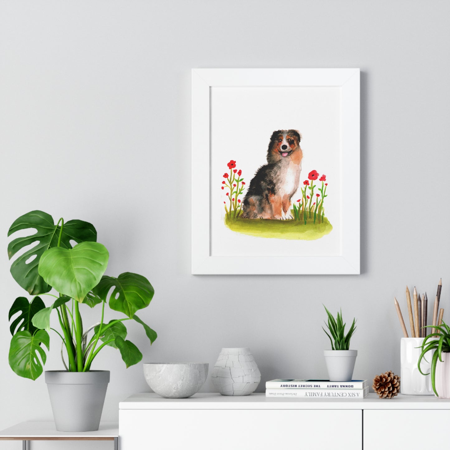 Watercolor Australian Shepherd Art Print, Cute Watercolor Art poster, Framed Art Poster