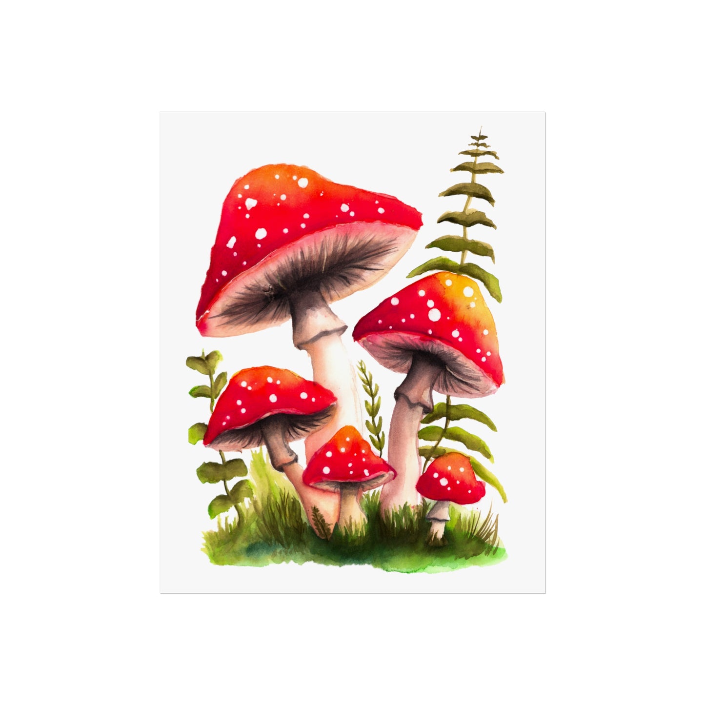 Pretty red watercolor mushroom art print, colorful mushroom art poster, pretty red mushrooms and grass poster, watercolor magic mushrooms