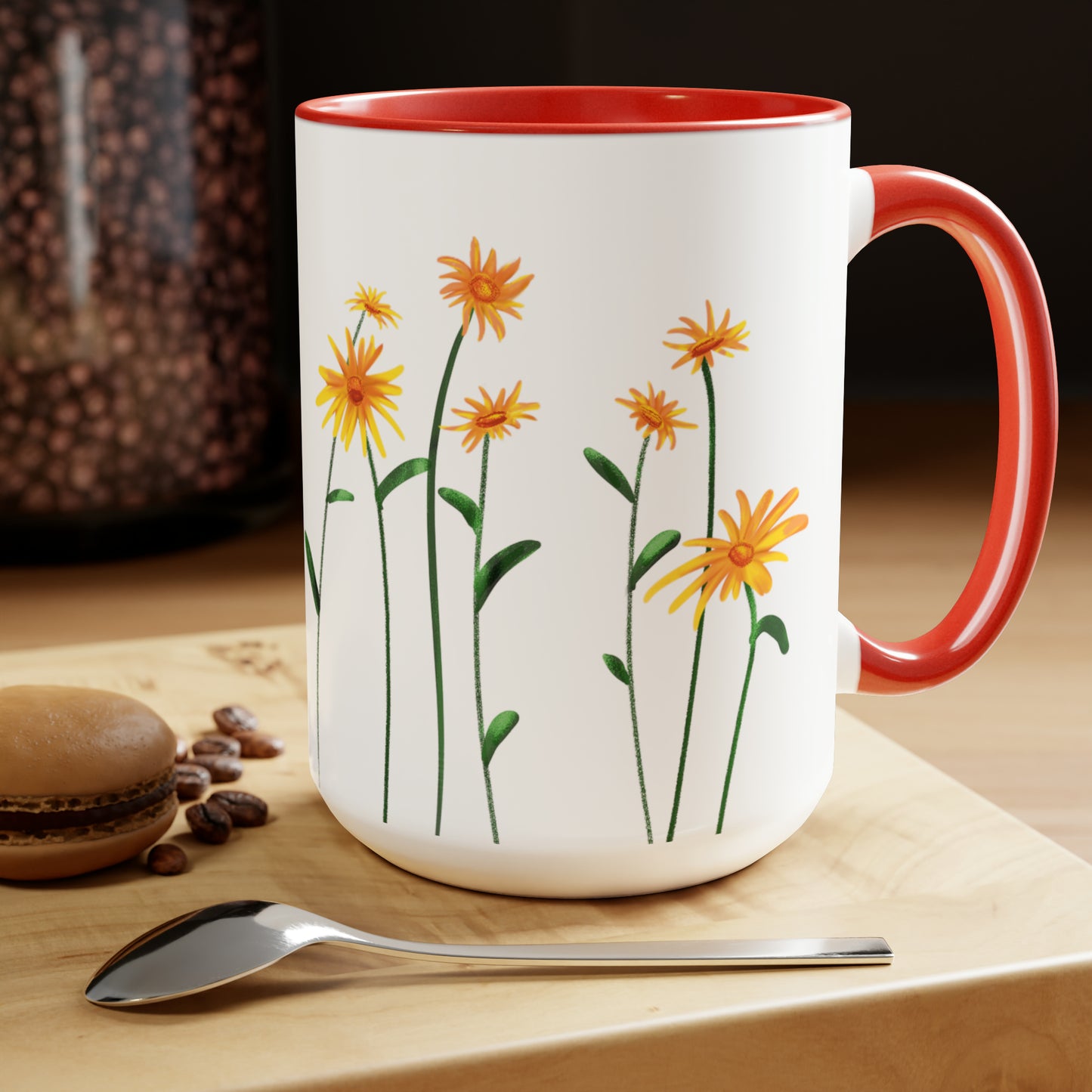 Pretty Red Accent Flowers Mug, 15 oz, Floral mug