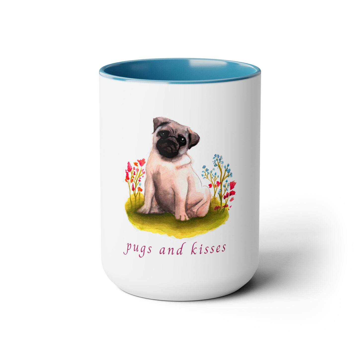 Cute Watercolor Painting pug mug, Cute Pug and flowers Mug, Floral Mug, Pug Lover cute Mug, Watercolor Pug painting, cute floral pug painting mug, 15 oz mug