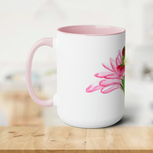 Cute Frog Mug, Cute pink watercolor frog mug, fun cute frog, watercolor flower mug, wildflower, floral mug