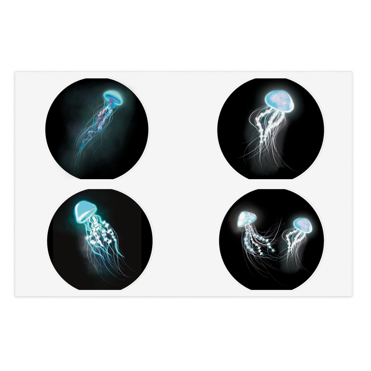 Pretty Cool Bioluminescent Jellyfish Sticker Sheet, Cool pretty glowing jellyfish, bioluminescent art, sticker sheet set of 4 stickers