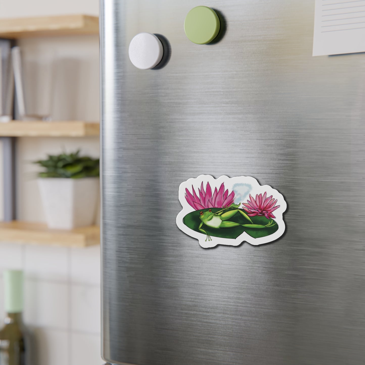 Frog Smoking Pipe Relaxing on Lily Pad Magnet Fridge