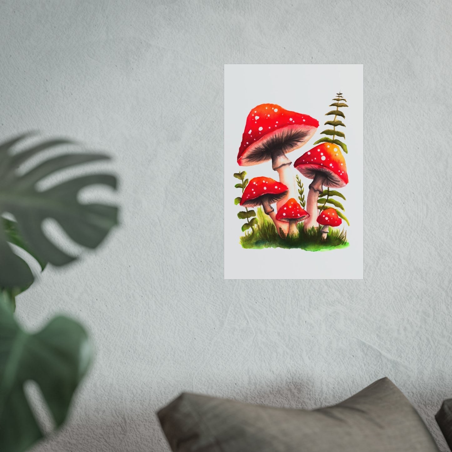 Pretty red watercolor mushroom art print, colorful mushroom art poster, pretty red mushrooms and grass poster, watercolor magic mushrooms