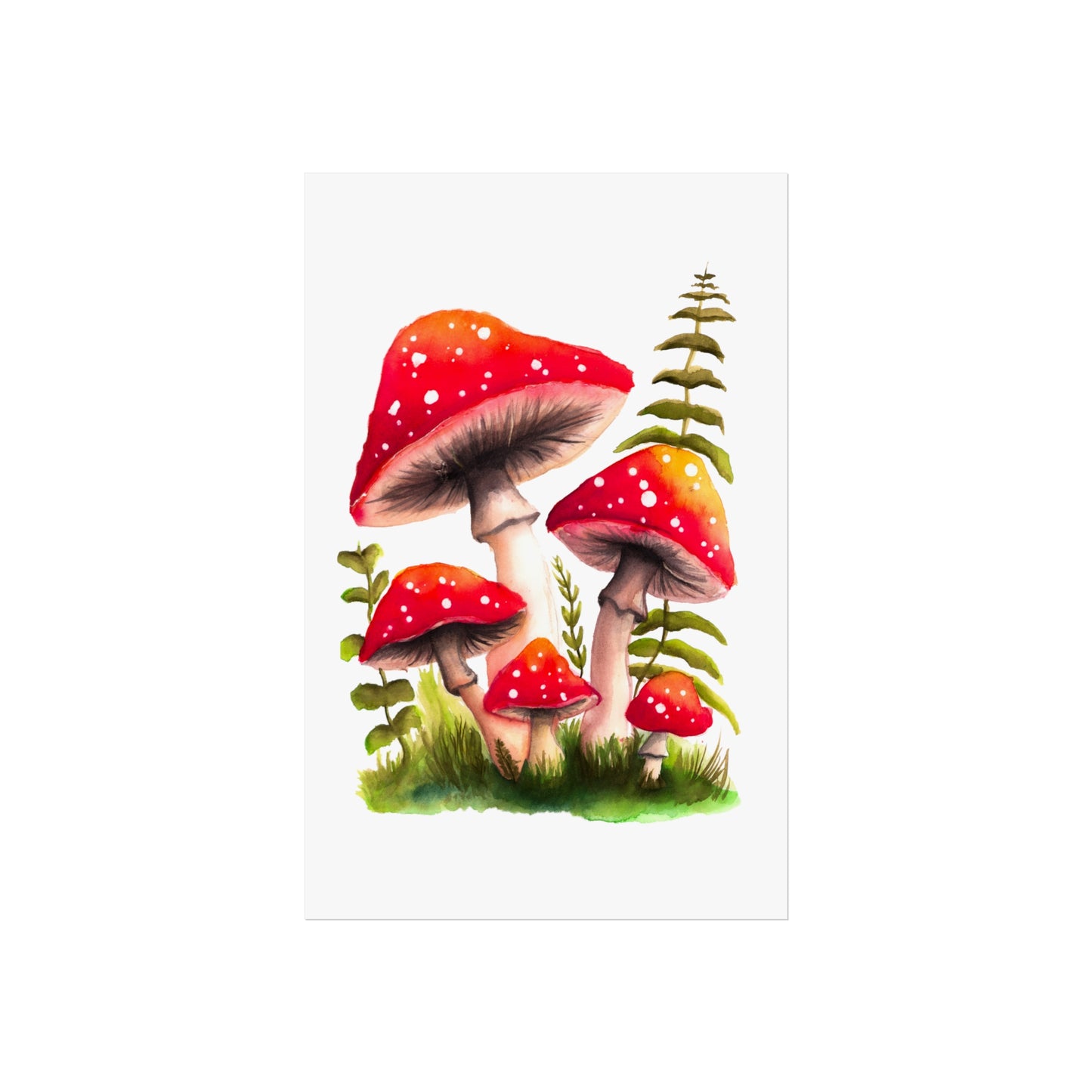 Pretty red watercolor mushroom art print, colorful mushroom art poster, pretty red mushrooms and grass poster, watercolor magic mushrooms