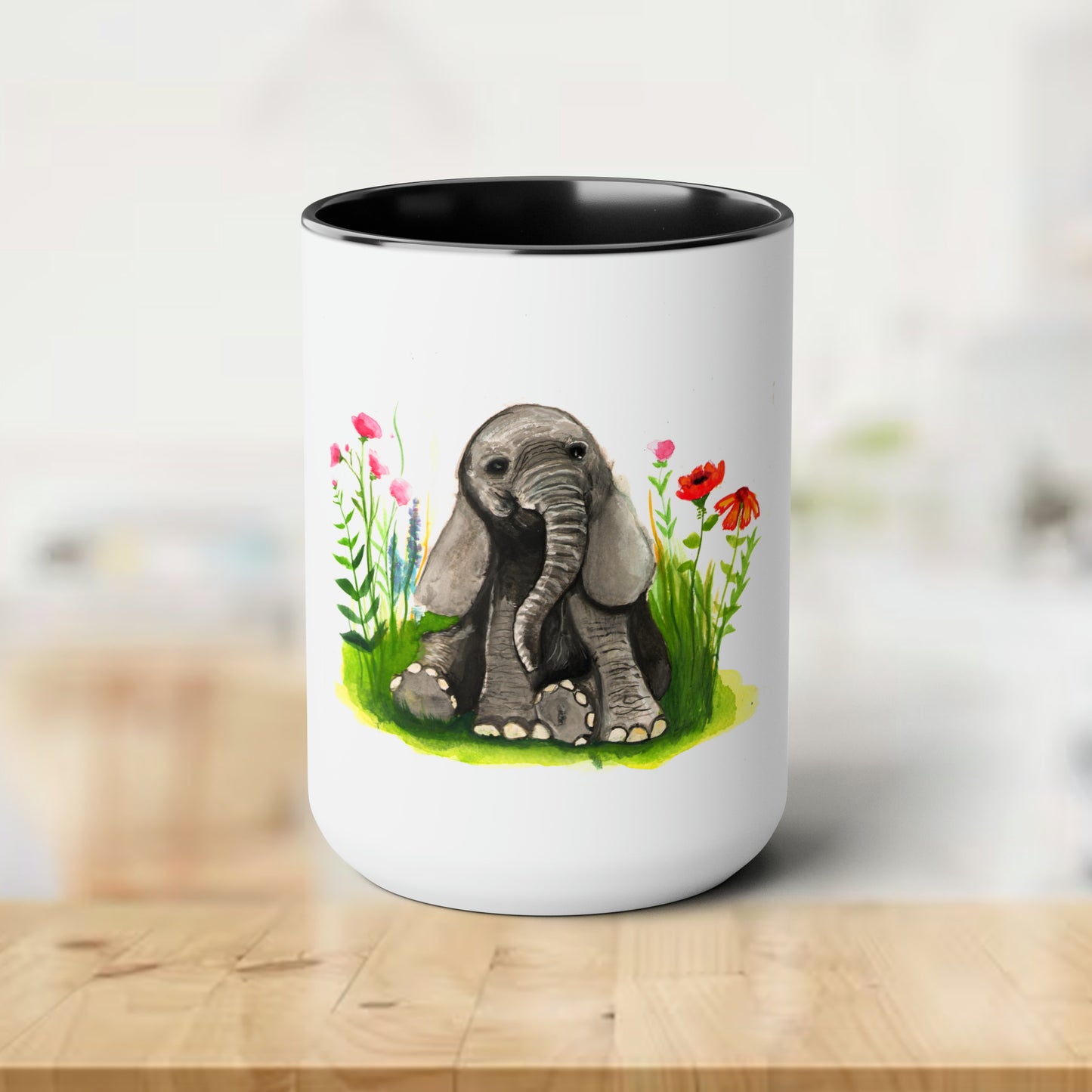 watercolor Baby elephant in flowers mug, Cute baby animal mugs, gift idea for elephant lover