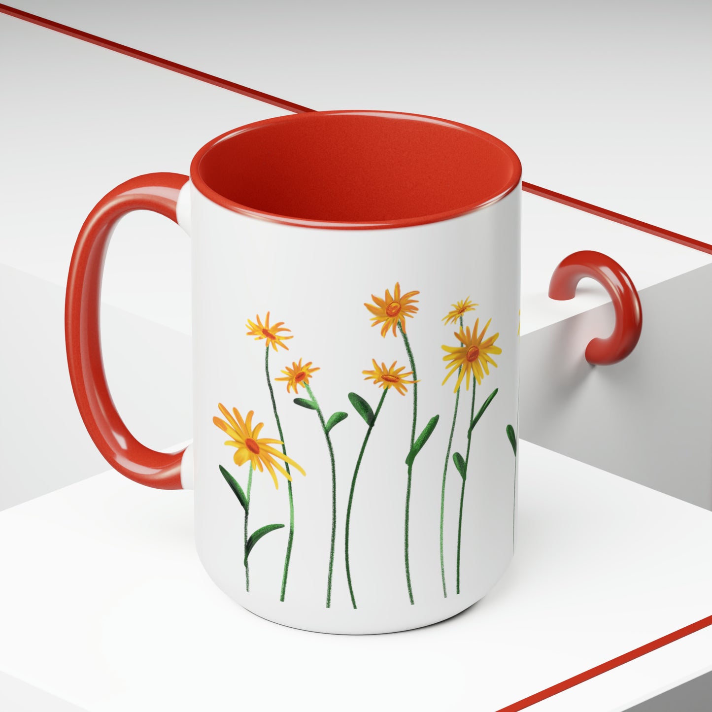 Pretty Red Accent Flowers Mug, 15 oz, Floral mug