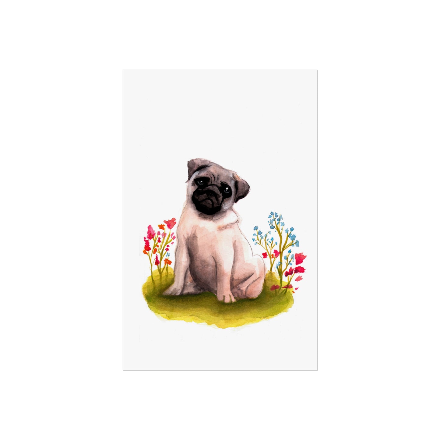 Cute Watercolor Pug Fine Art Poster, Pug Lover Watercolor, Pug gift, Dog mom art poster, cute art print, Pug in flowers art print