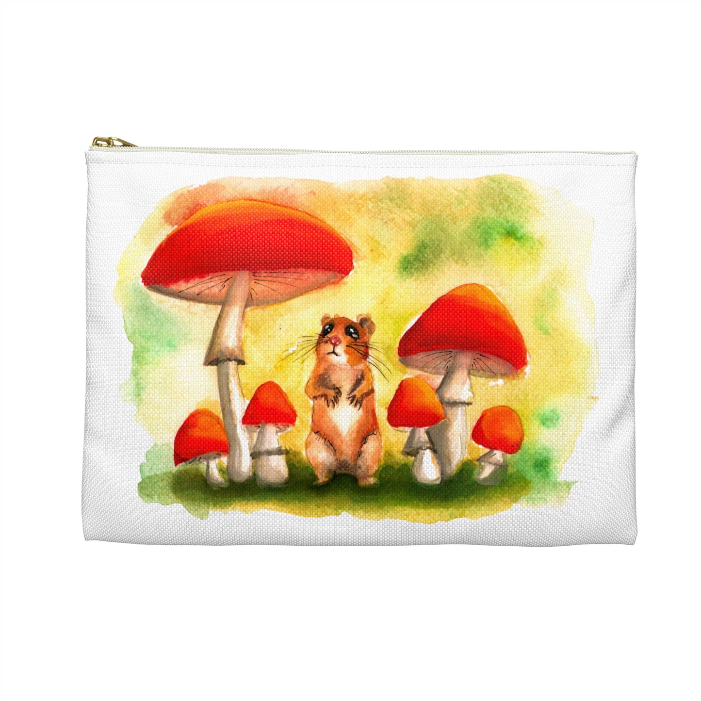 Cute Mouse in Mushrooms Watercolor painting, Makeup bag/ accessory bag