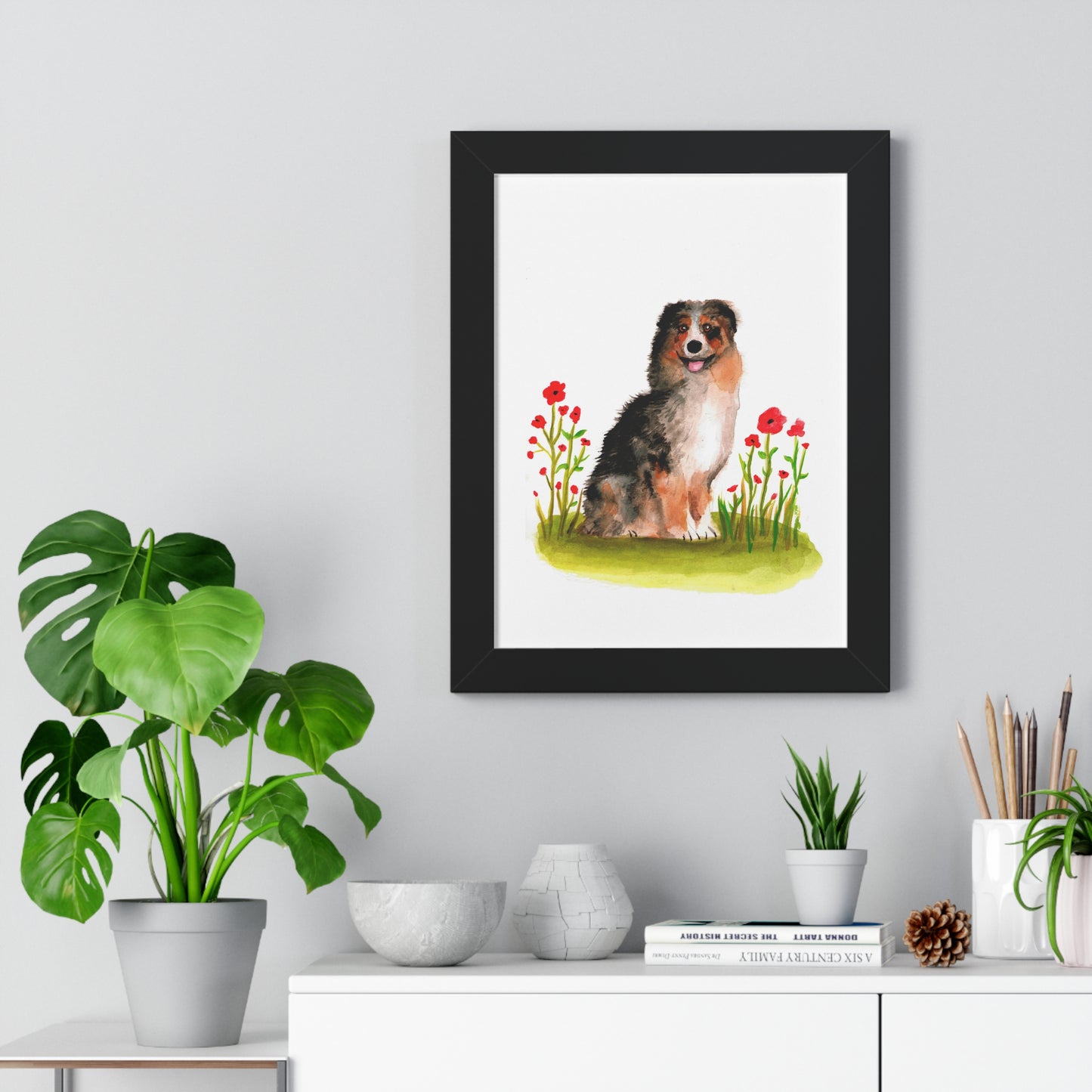 Watercolor Australian Shepherd Art Print, Cute Watercolor Art poster, Framed Art Poster