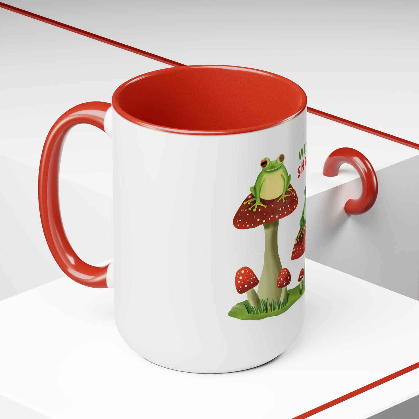 Cute Frogs on Mushrooms Mug, Funny Mug, Cute Frogs on Shrooms, We're On shrooms mug, Toadstool Aesthetic Two-Tone Coffee Mugs, 15oz