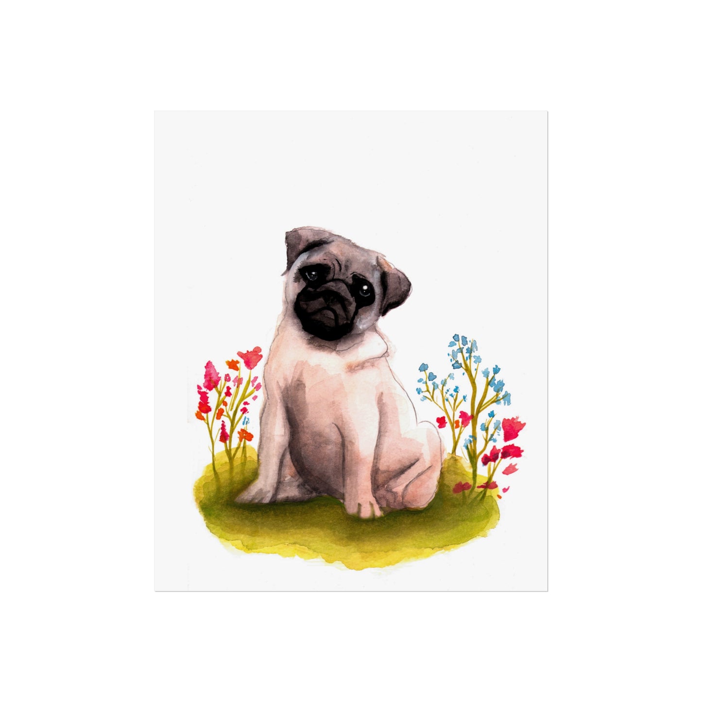 Cute Watercolor Pug Fine Art Poster, Pug Lover Watercolor, Pug gift, Dog mom art poster, cute art print, Pug in flowers art print