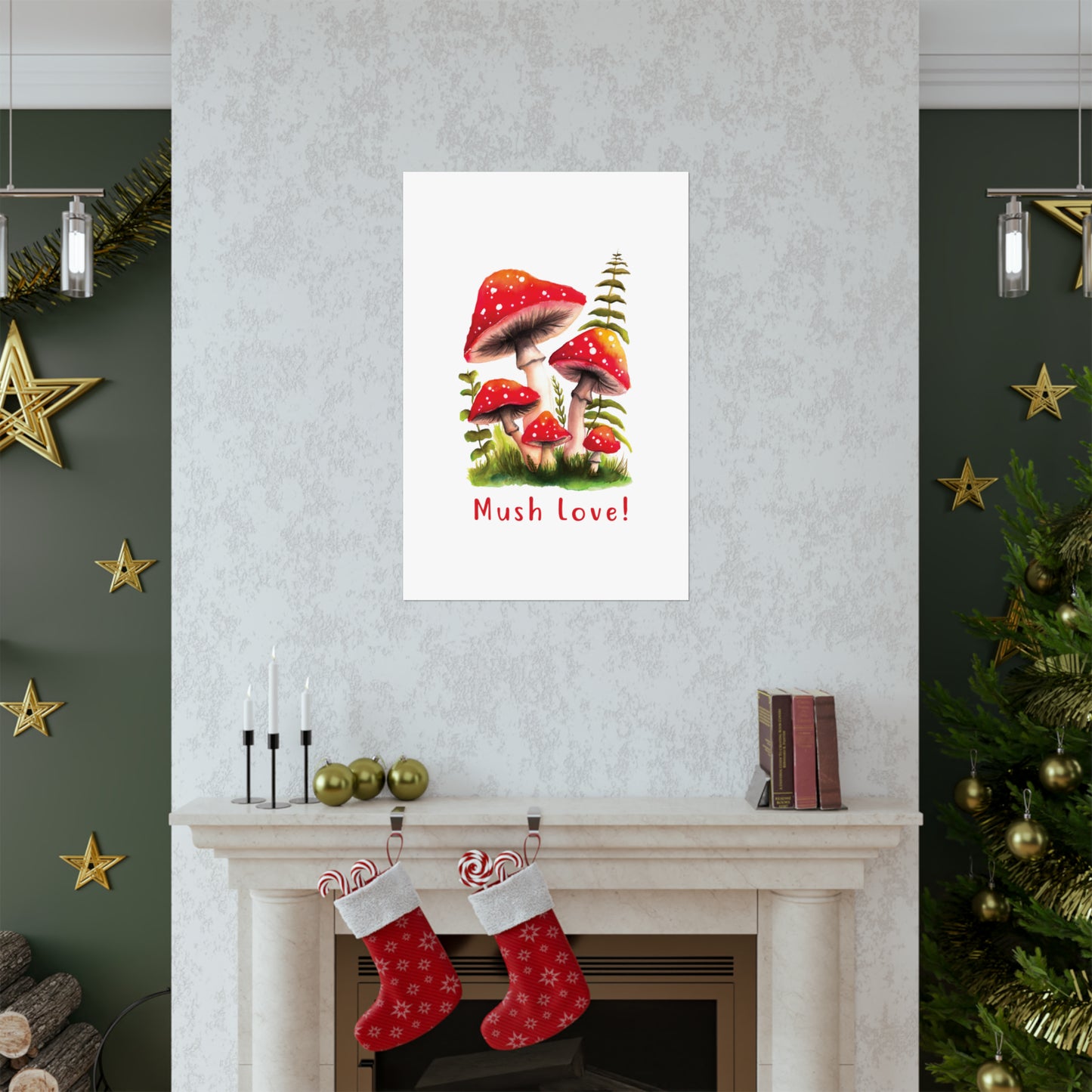 Cute Watercolor Mushroom Wall Art poster, Mush Love Bedroom Mushroom wall art cute wall art, red mushroom poster