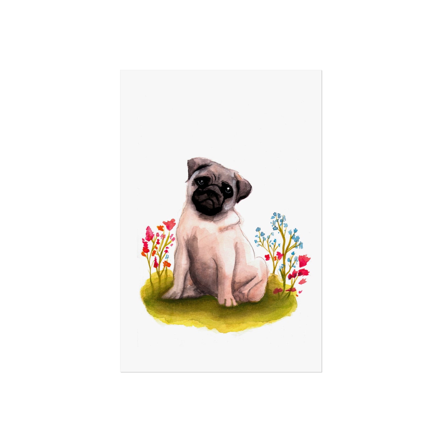 Cute Watercolor Pug Fine Art Poster, Pug Lover Watercolor, Pug gift, Dog mom art poster, cute art print, Pug in flowers art print