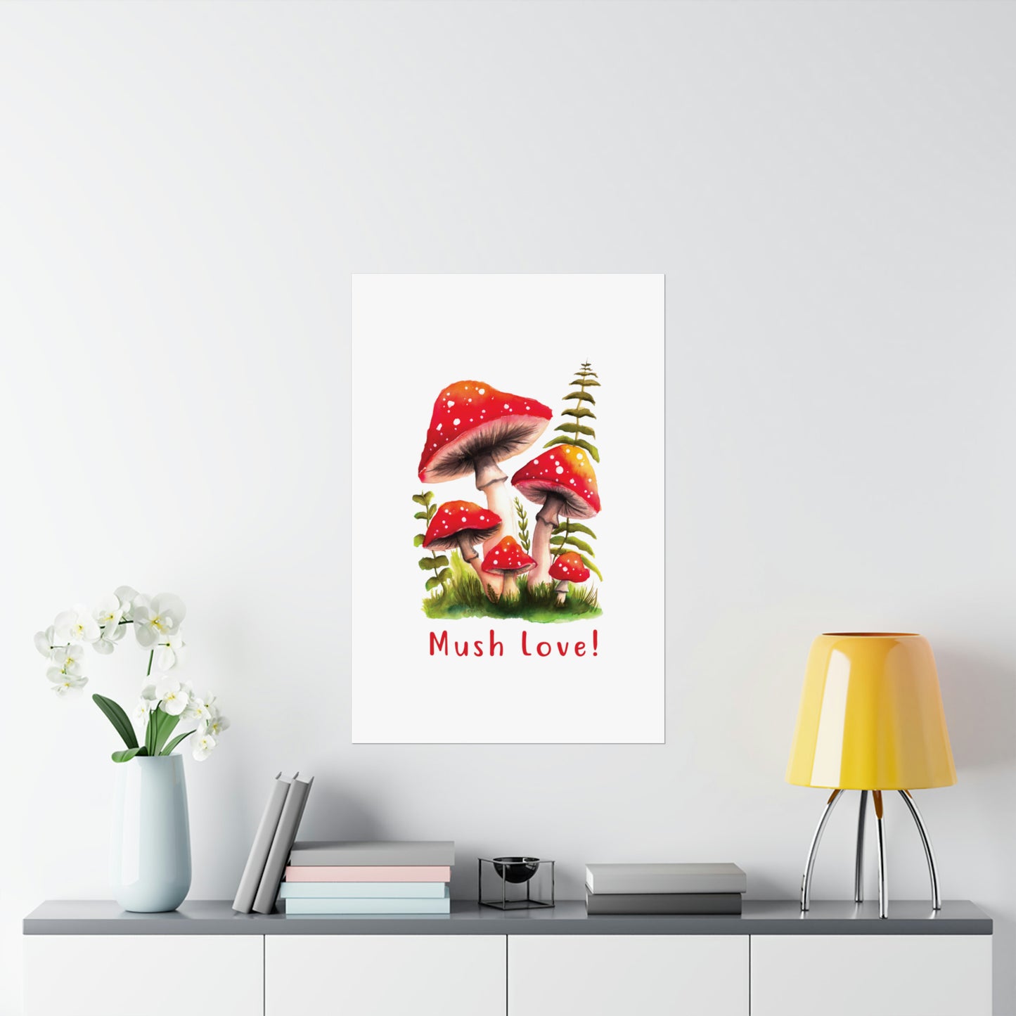 Cute Watercolor Mushroom Wall Art poster, Mush Love Bedroom Mushroom wall art cute wall art, red mushroom poster