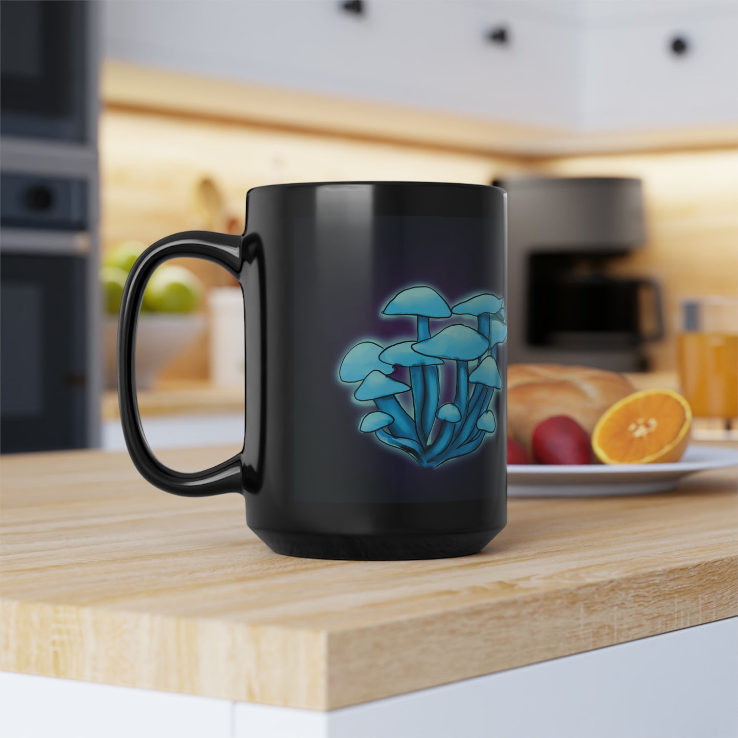 Trippy Bioluminescent Mushroom Mug 15 oz, Glowing Mushroom Psychedelic black mug, glowing fantasy trippy mushroom mug oyster mushroom cool mug