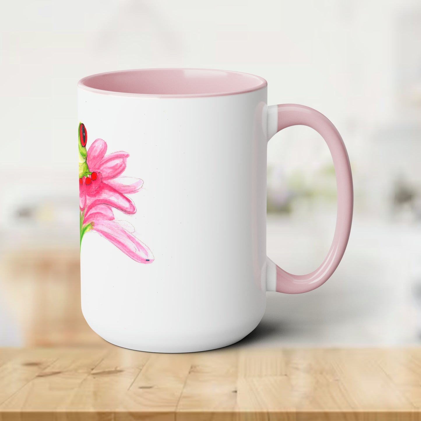 Cute Frog Mug, Cute pink watercolor frog mug, fun cute frog, watercolor flower mug, wildflower, floral mug