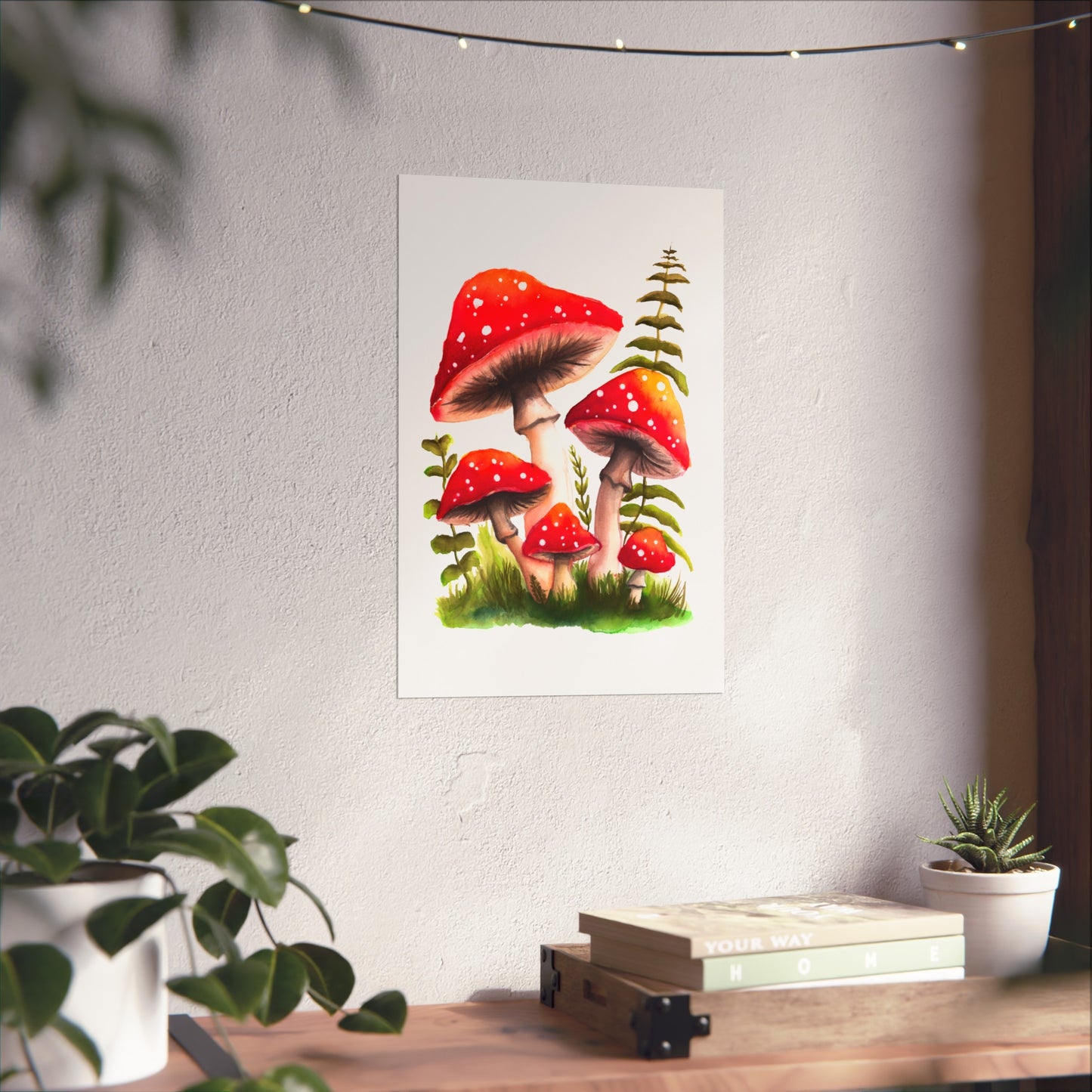 Pretty red watercolor mushroom art print, colorful mushroom art poster, pretty red mushrooms and grass poster, watercolor magic mushrooms